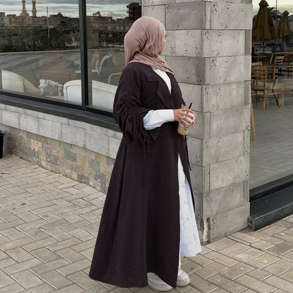 Tailored Blazer Cardigan with Ruched Sleeves | Open-Front Twill Blend Jacket(MOA246)
