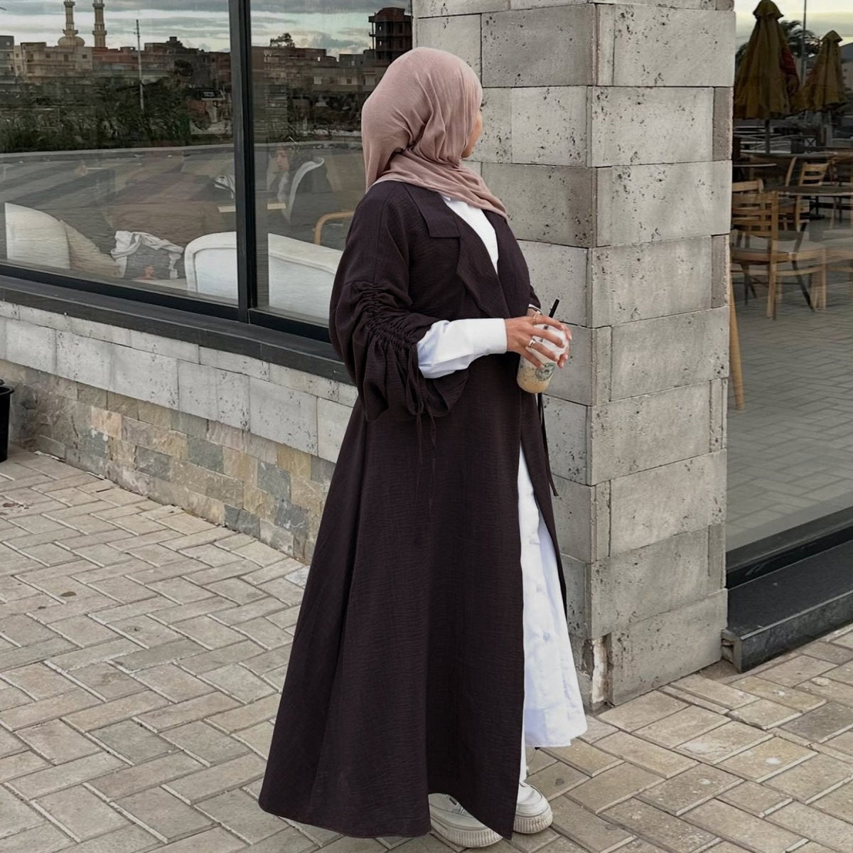 Tailored Blazer Cardigan with Ruched Sleeves | Open-Front Twill Blend Jacket(MOA246)