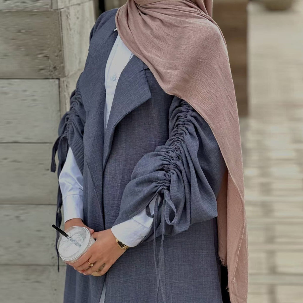 Tailored Blazer Cardigan with Ruched Sleeves | Open-Front Twill Blend Jacket(MOA246)