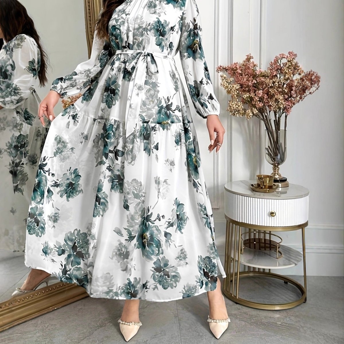 Teal Botanical Print Tiered Maxi Dress (MS399)