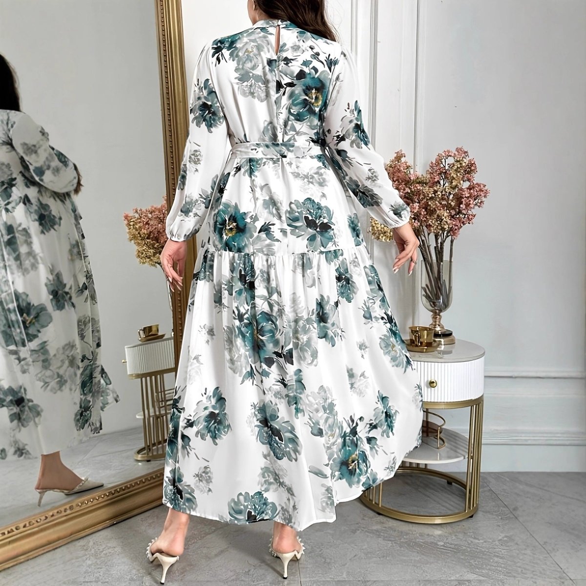 Teal Botanical Print Tiered Maxi Dress (MS399)