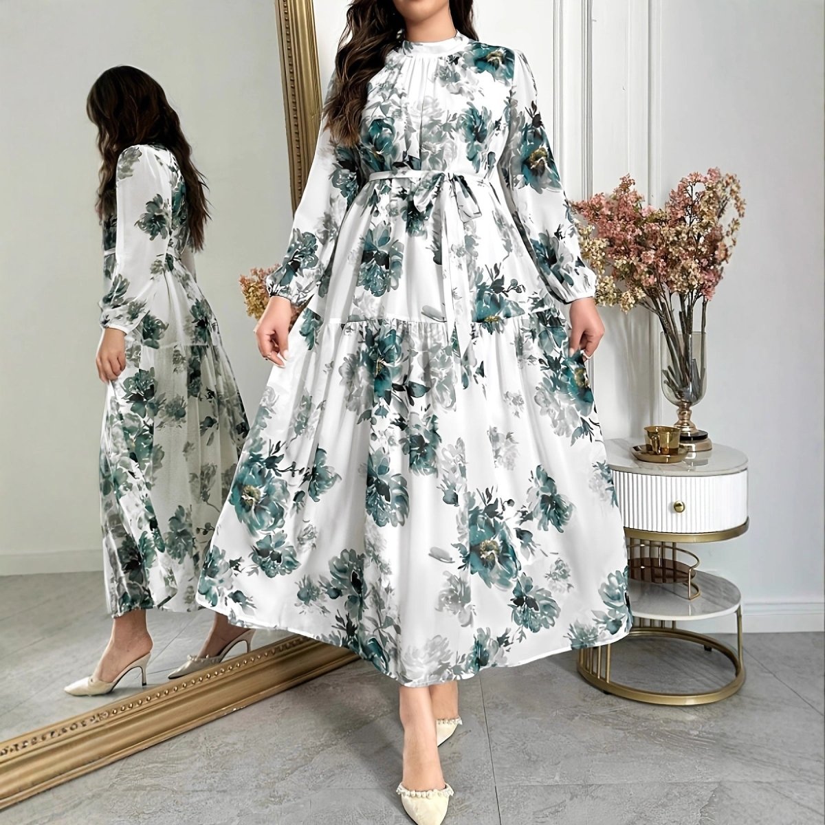 Teal Botanical Print Tiered Maxi Dress (MS399)
