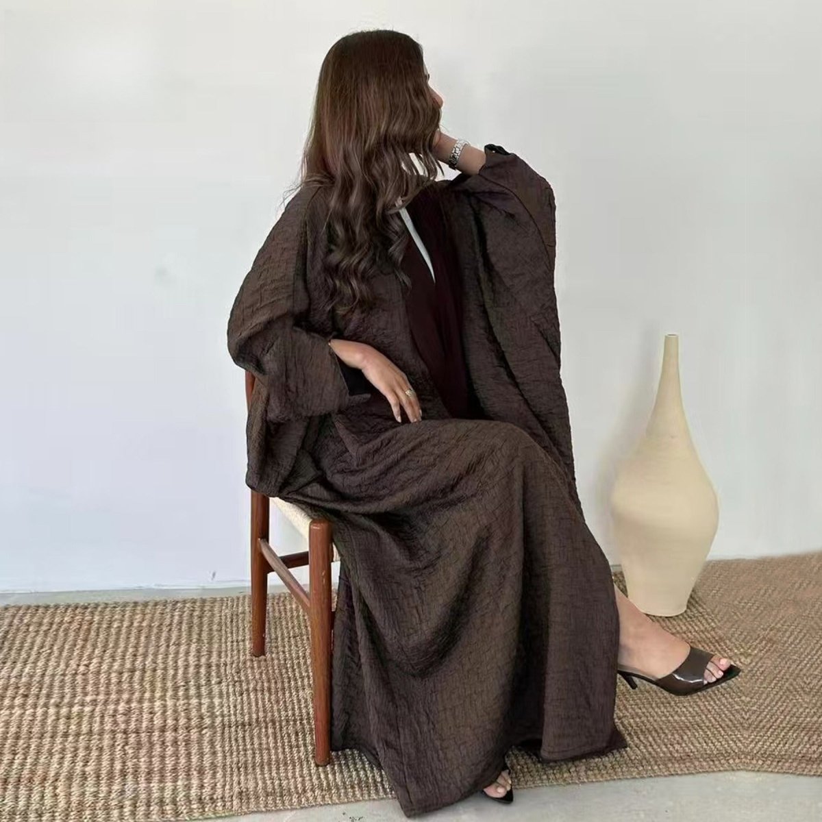 Textured Jacquard Abaya with Batwing Cardigan & Belt(MOA281)