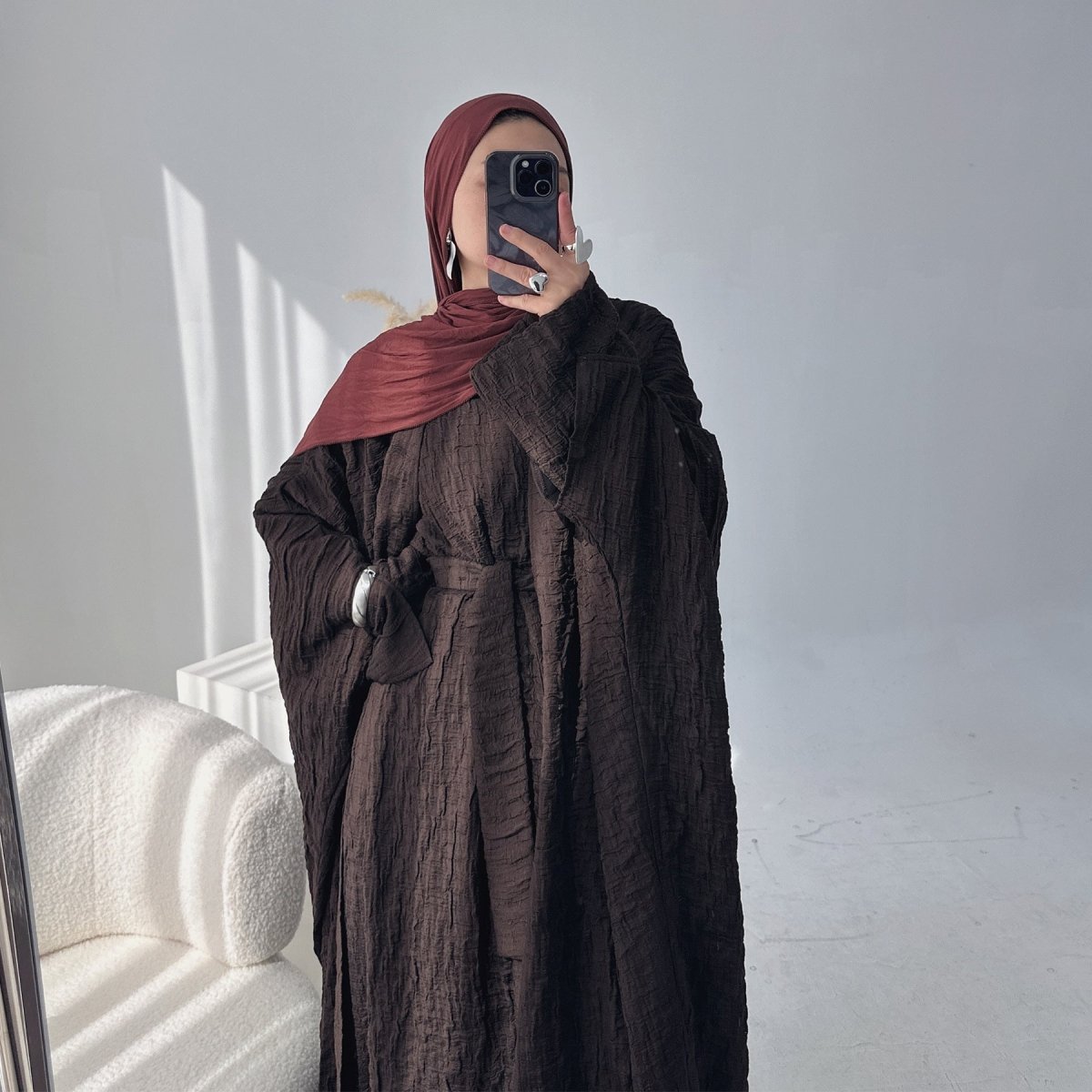 Textured Jacquard Abaya with Batwing Cardigan & Belt(MOA281)