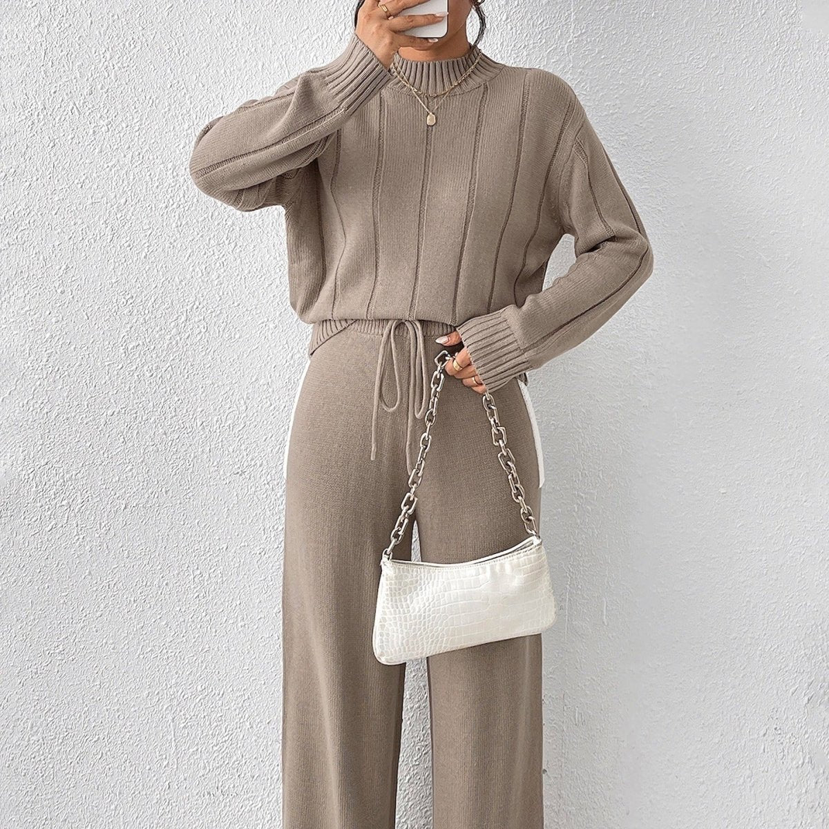 Textured Knit Sweater & Wide-Leg Trouser Set(MS448)