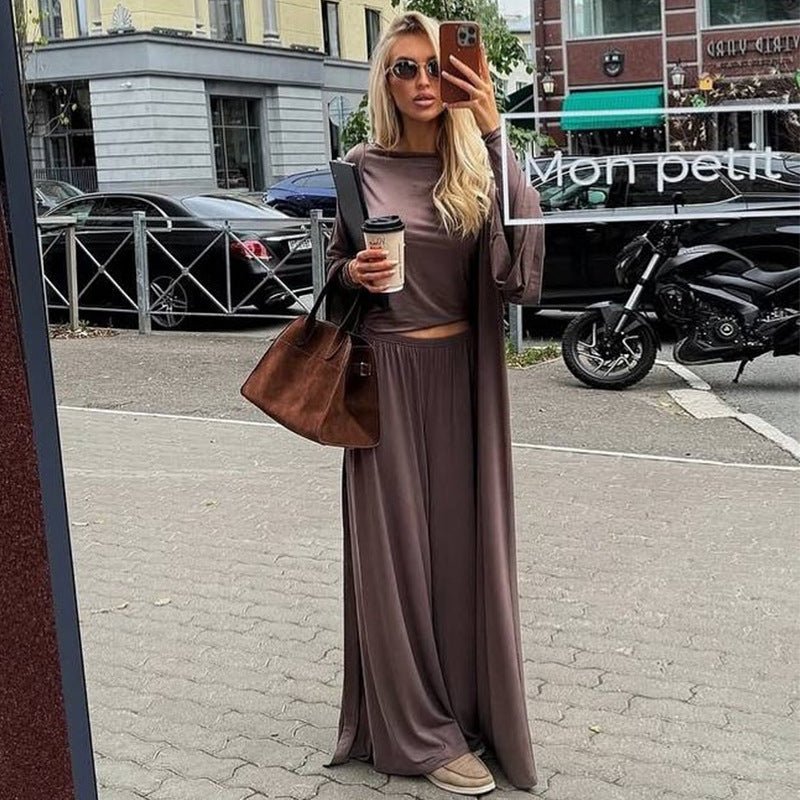 Three-Piece Cape Cardigan Set | Crop Top & Wide-Leg Pants Outfit(MS258)
