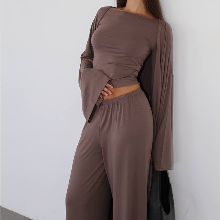 Three-Piece Cape Cardigan Set | Crop Top & Wide-Leg Pants Outfit(MS258)