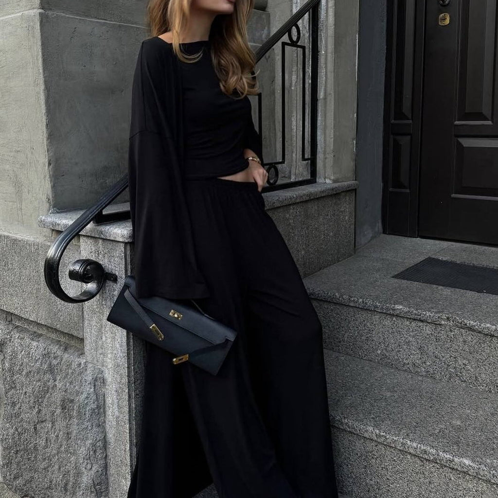 Three-Piece Cape Cardigan Set | Crop Top & Wide-Leg Pants Outfit(MS258)