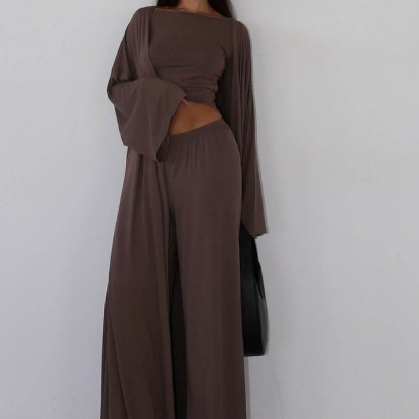 Three-Piece Cape Cardigan Set | Crop Top & Wide-Leg Pants Outfit(MS258)