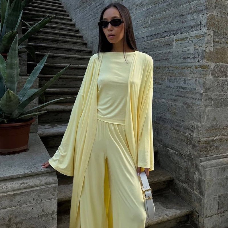 Three-Piece Cape Cardigan Set | Crop Top & Wide-Leg Pants Outfit(MS258)