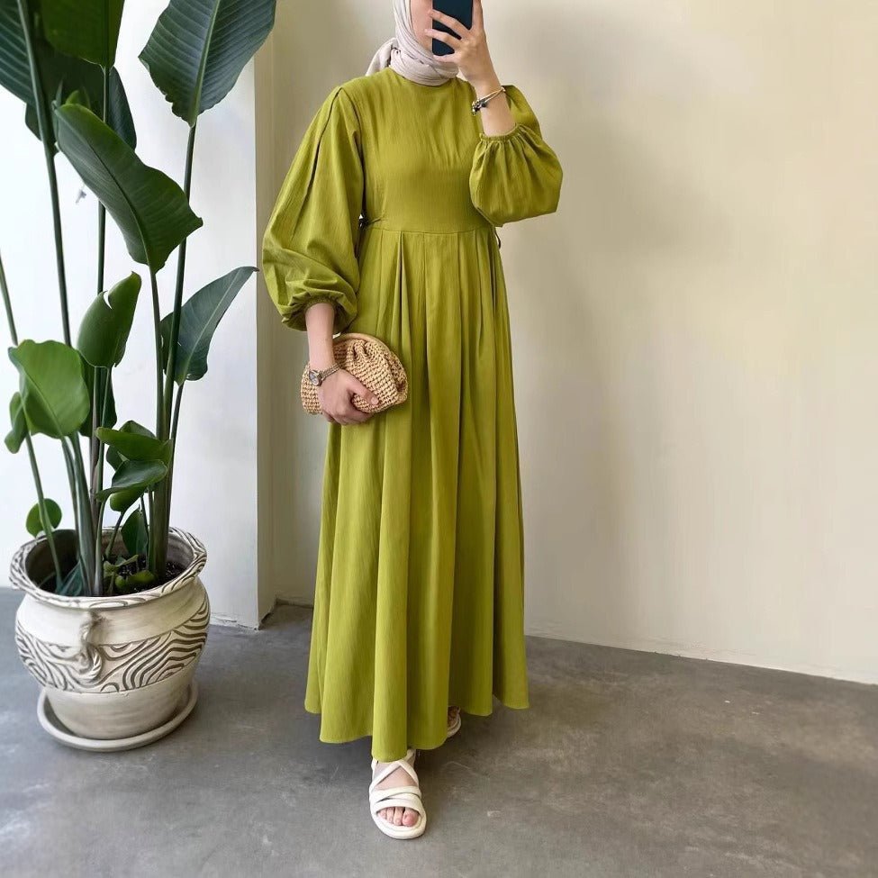Tie-Waist Bubble Sleeve Abaya | Pleated Maxi Dress Abaya with Back Zip (MA364)