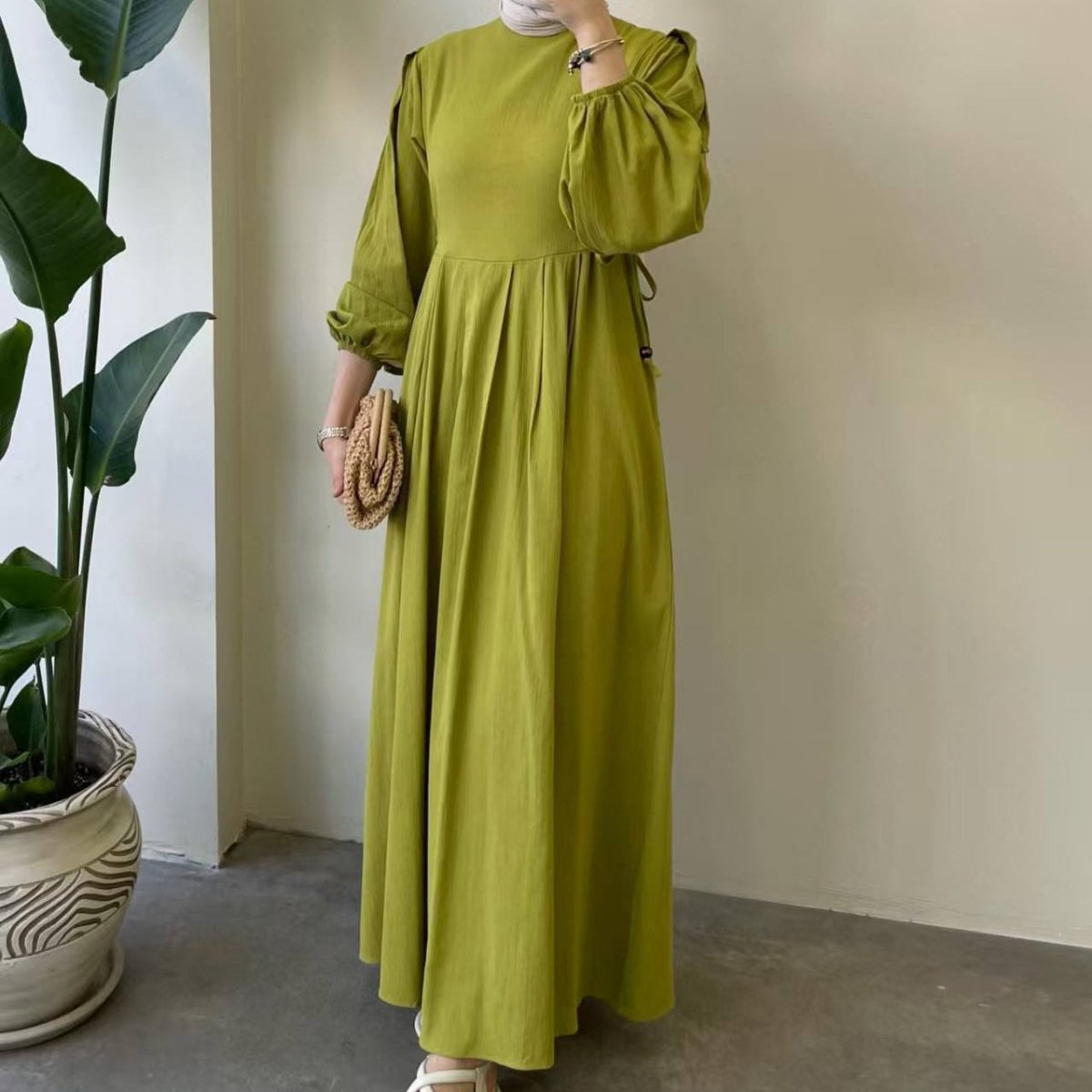Tie-Waist Bubble Sleeve Abaya | Pleated Maxi Dress Abaya with Back Zip (MA364)