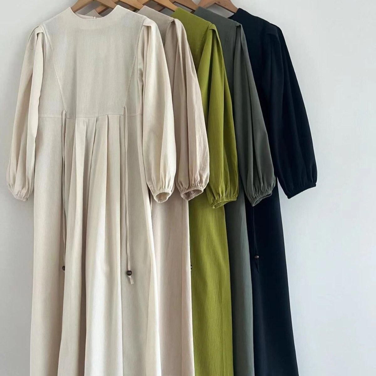 Tie-Waist Bubble Sleeve Abaya | Pleated Maxi Dress Abaya with Back Zip (MA364)
