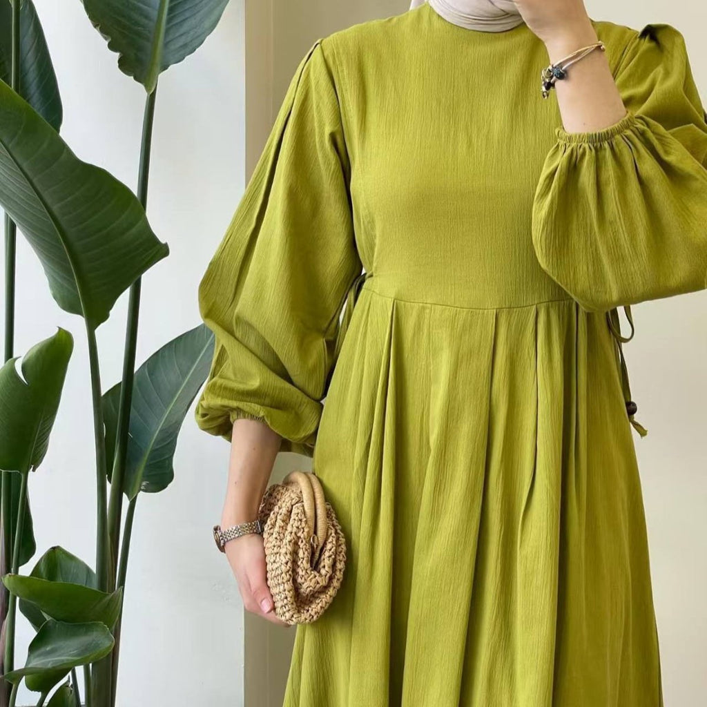 Tie-Waist Bubble Sleeve Abaya | Pleated Maxi Dress Abaya with Back Zip (MA364)