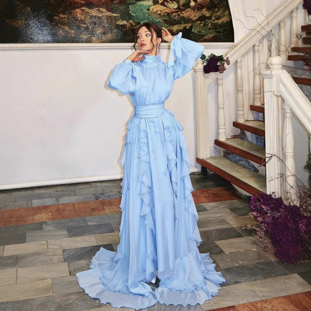 Tiered Ruffle Chiffon Evening Gown | High Neck Bow Sleeve Maxi Dress(MA349)