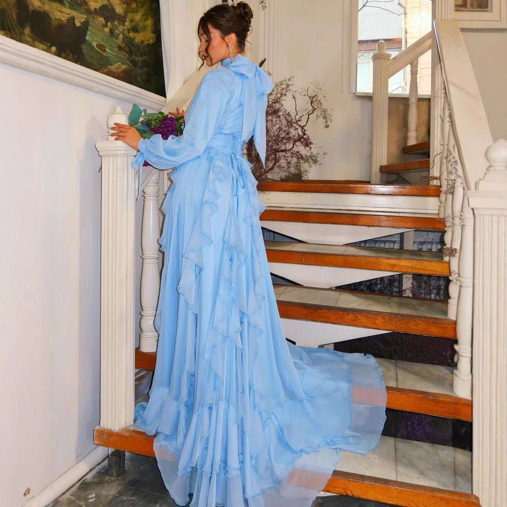 Tiered Ruffle Chiffon Evening Gown | High Neck Bow Sleeve Maxi Dress(MA349)