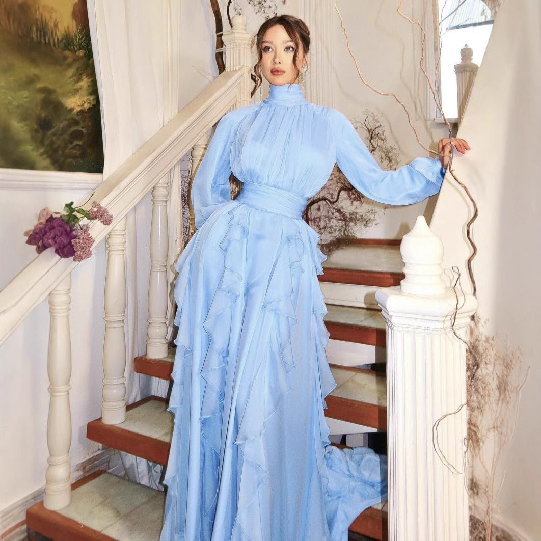 Tiered Ruffle Chiffon Evening Gown | High Neck Bow Sleeve Maxi Dress(MA349)