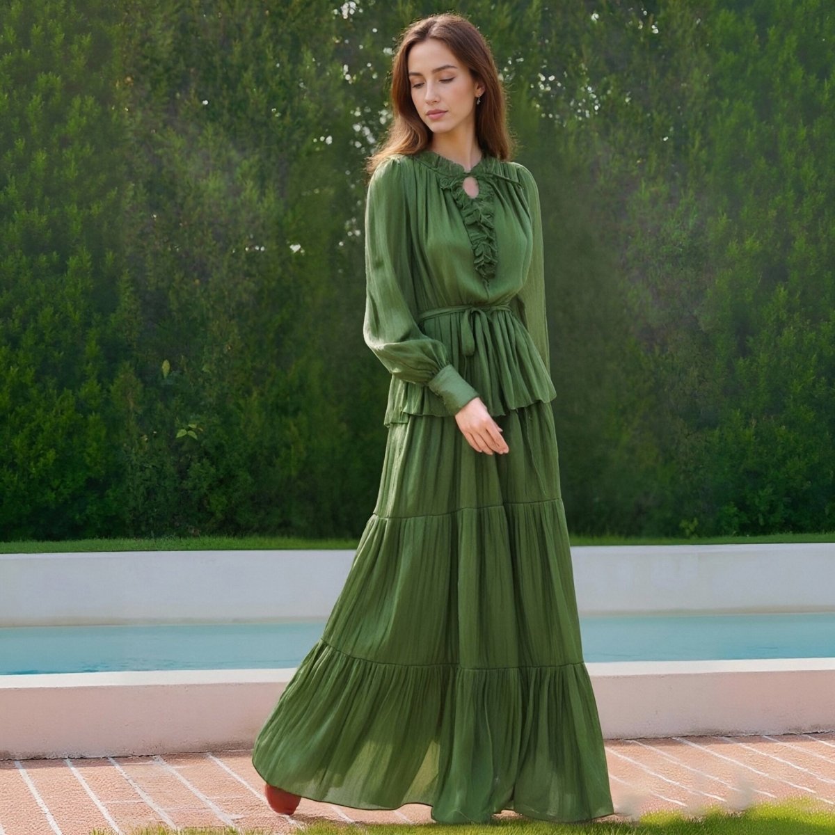 Tiered Ruffle Maxi Dress with Fitted Waist(MS359)