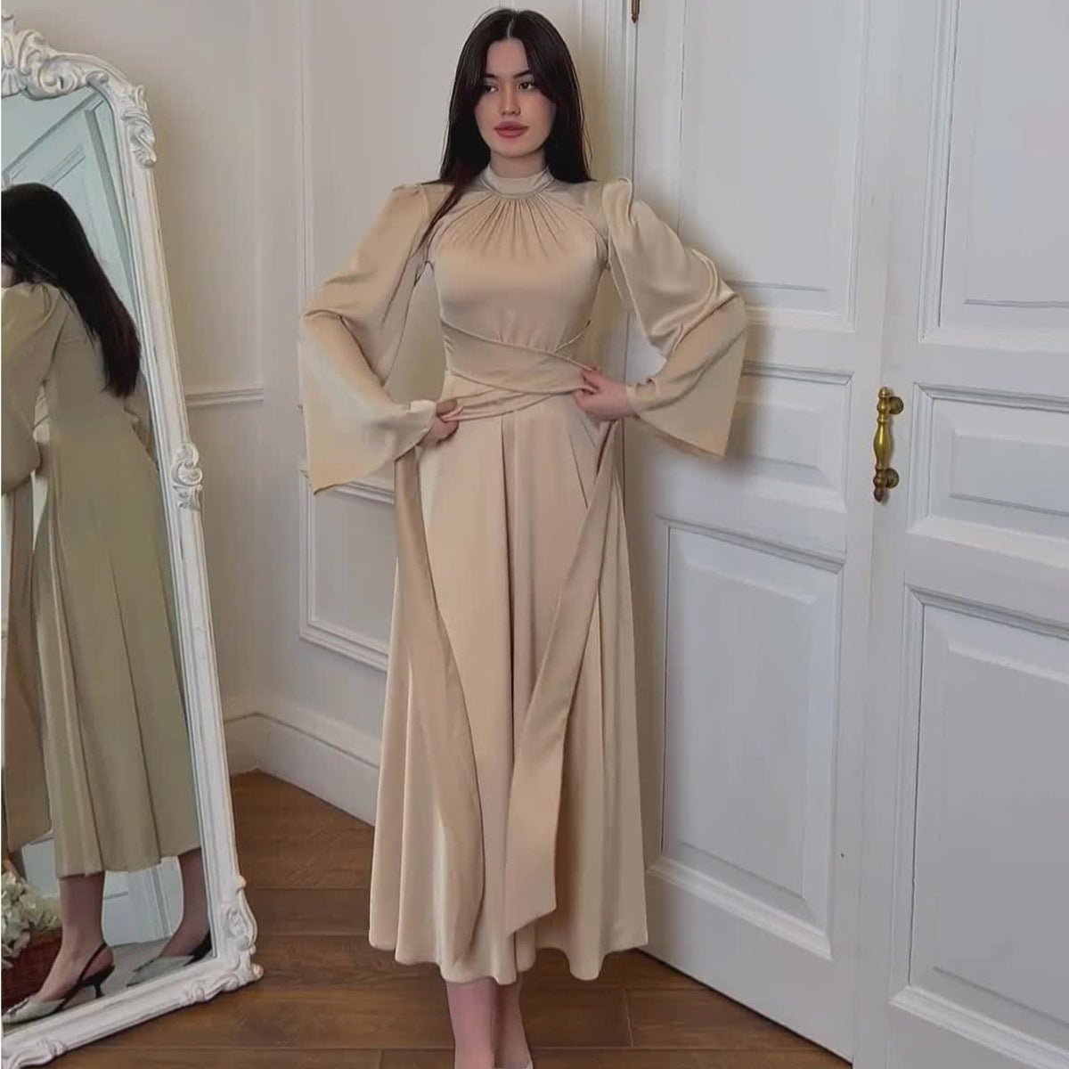 Timeless Waist-Defining Satin Princess Evening Gown Abaya(MA205)