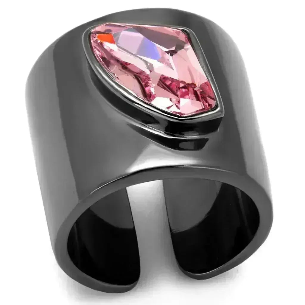 TK2829 - IP Gun Black Stainless Steel Ring with Rose Crystal