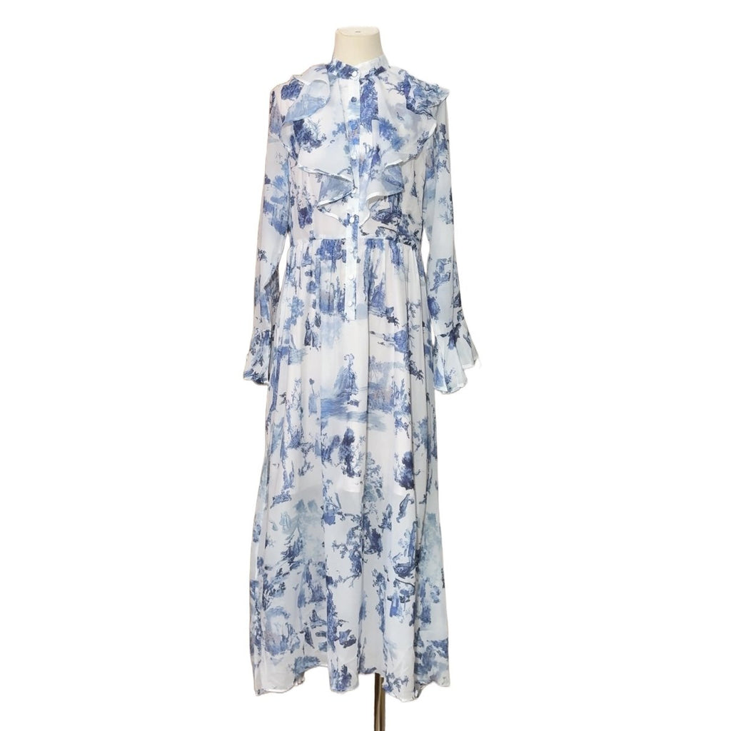 Toile de Jouy Print Ruffle Maxi Dress(MS422)