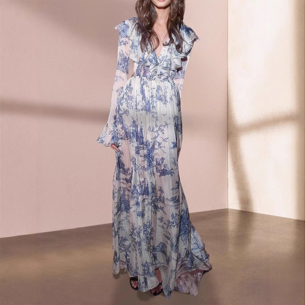 Toile de Jouy Print Ruffle Maxi Dress(MS422)