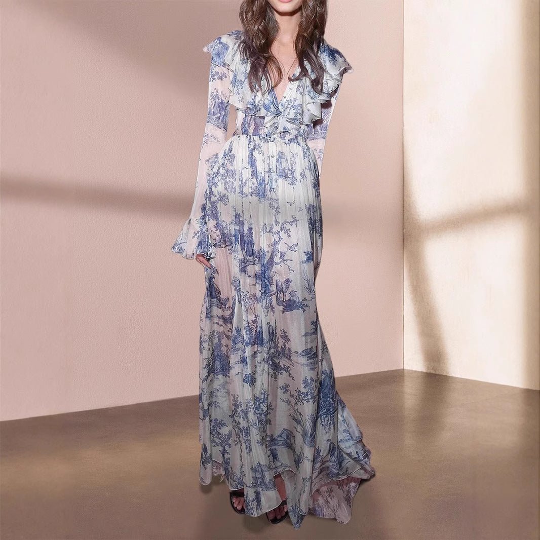 Toile de Jouy Print Ruffle Maxi Dress(MS422)