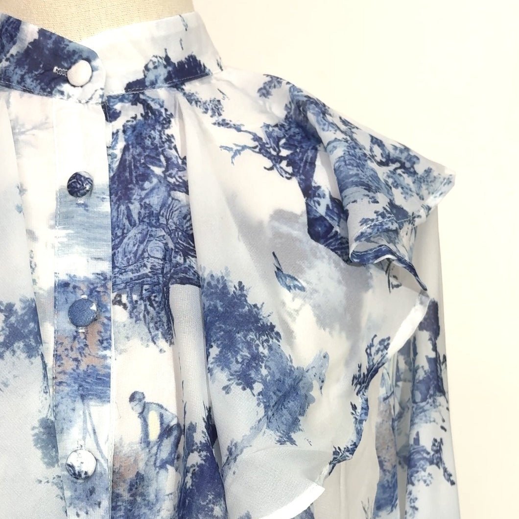 Toile de Jouy Print Ruffle Maxi Dress(MS422)