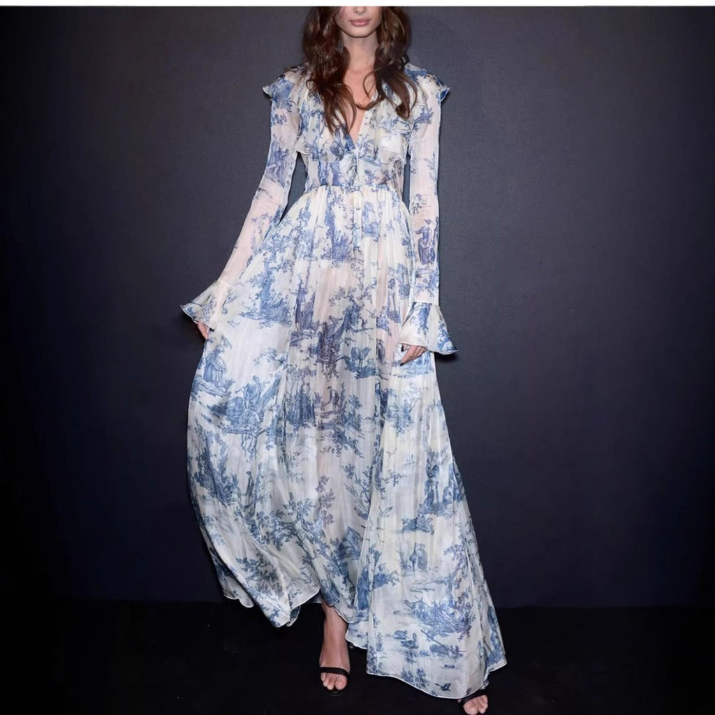 Toile de Jouy Print Ruffle Maxi Dress(MS422)