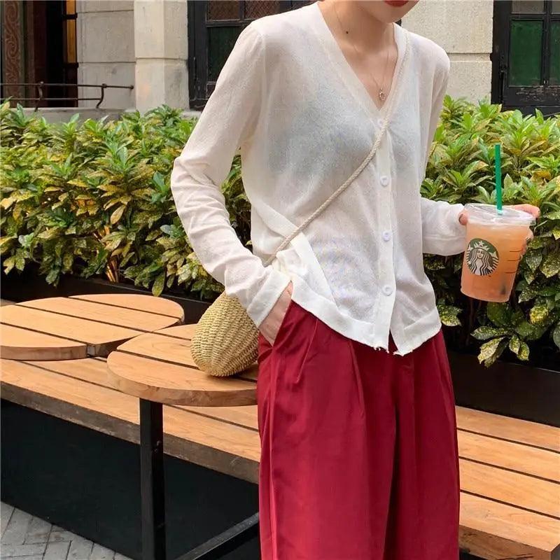 Cardigan For Women Long Sleeve Cardigan Summer Cropped Cardigan Knitted V neck Thin Ice Silk Sweaters Sunscreen Shirt Tops