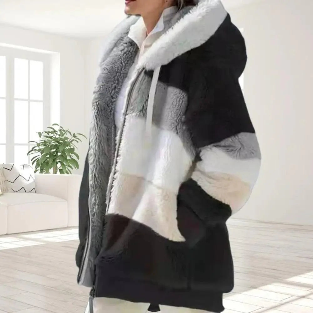 Plus Size Jacket Women Autumn Winter Long Sleeve Color Block Zipper Fluff Hooded Warm Coat Jacket