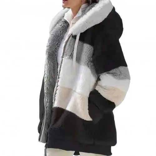 Plus Size Jacket Women Autumn Winter Long Sleeve Color Block Zipper Fluff Hooded Warm Coat Jacket