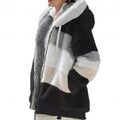 Plus Size Jacket Women Autumn Winter Long Sleeve Color Block Zipper Fluff Hooded Warm Coat Jacket