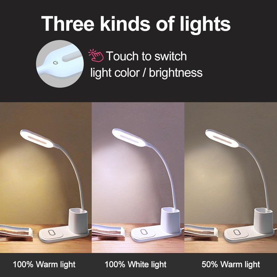 Touch Dimmable LED Desk Lamp 10W Wireless Charging/USB  Charging Table Light for Children Kids Reading Study Bedside Bedroom Decorative Table Lamp Cute Study Lamps for Bedroom Décor