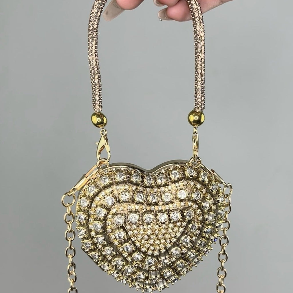 Trendy Mini Heart Chain Clutch Bag with Rhinestones – Elegant Evening Crossbody Purse for Women（MAC240）