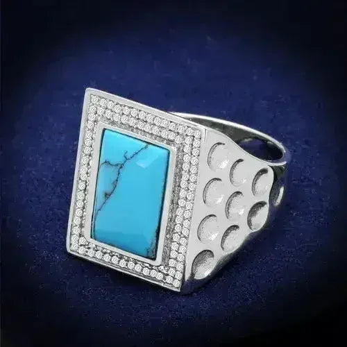 TS228 Rhodium Sterling Silver Ring – Synthetic Turquoise Statement Piece