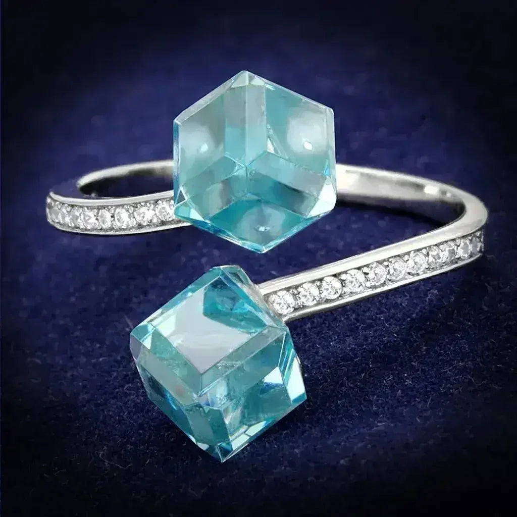TS317 Rhodium Sterling Silver Ring – AAA Sea Blue CZ
