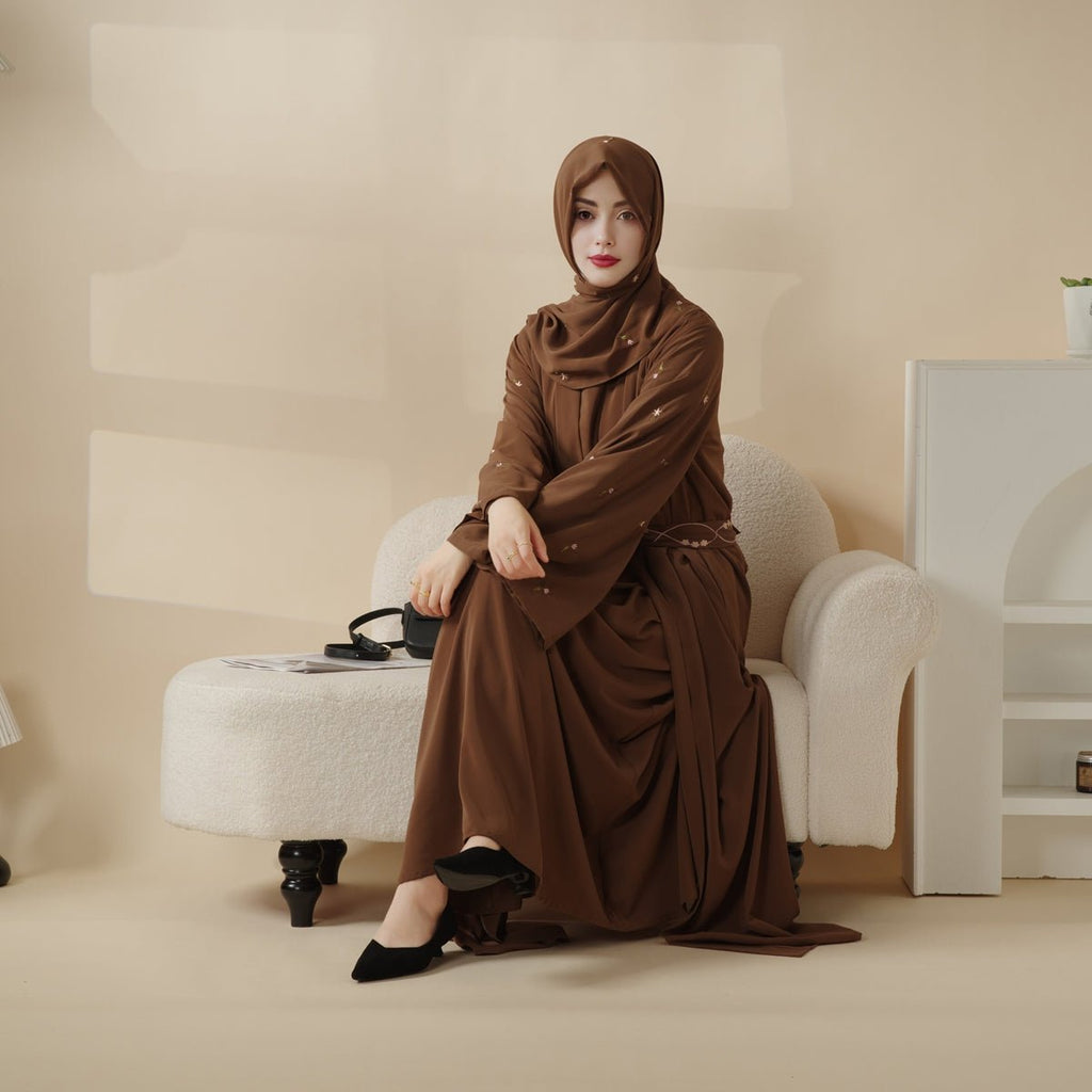 Tulip Embroidery Open Abaya 4-Piece Set (MOA051)
