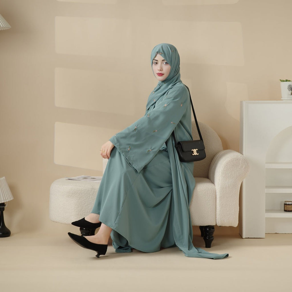 Tulip Embroidery Open Abaya 4-Piece Set (MOA051)