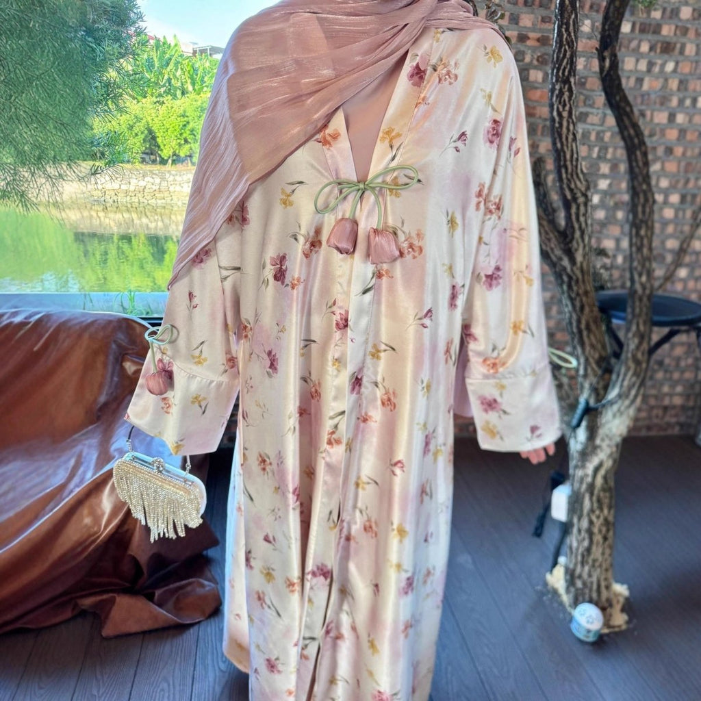 Tulip Print Satin Abaya Set with Jacket | Two-Piece Kimono Outfit (MOA270)