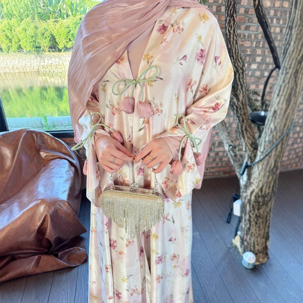 Tulip Print Satin Abaya Set with Jacket | Two-Piece Kimono Outfit (MOA270)
