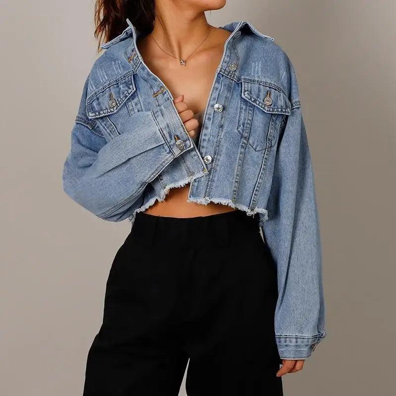 Unique Design Women's Denim Cropped Jacket Female Pockets Hole Short Jean Jackets Ladies Fashionable Button Casual Solid Coats