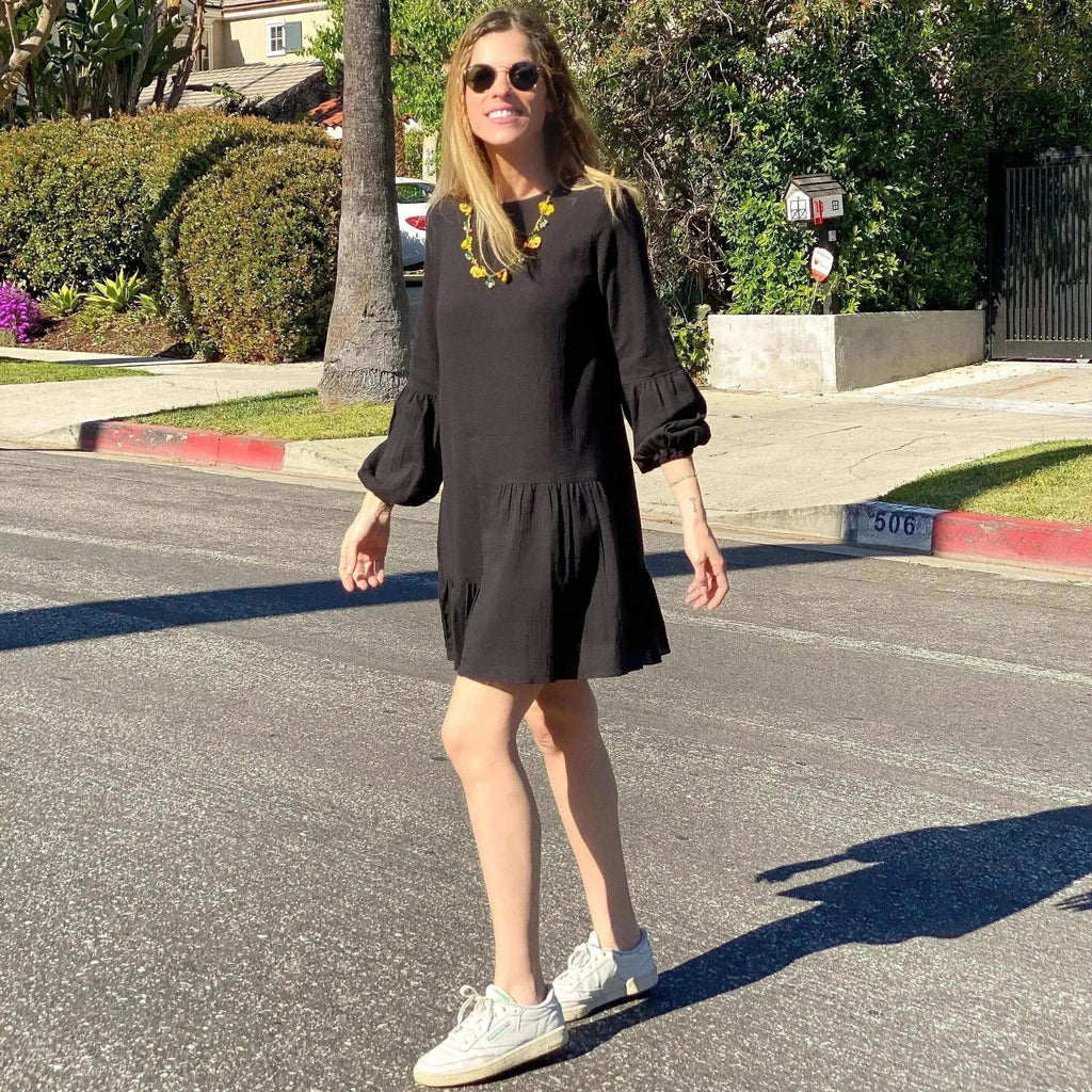 Gaia Black Mini Dress | Puffed Sleeves | Tiered Ruffles