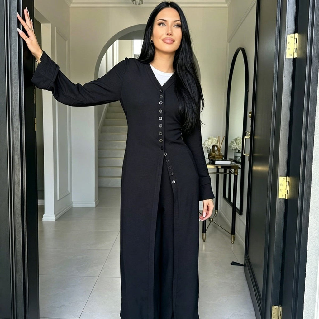 V-Neck Button-Through Longline Cardigan & Wide-Leg Trouser Set(MS470)
