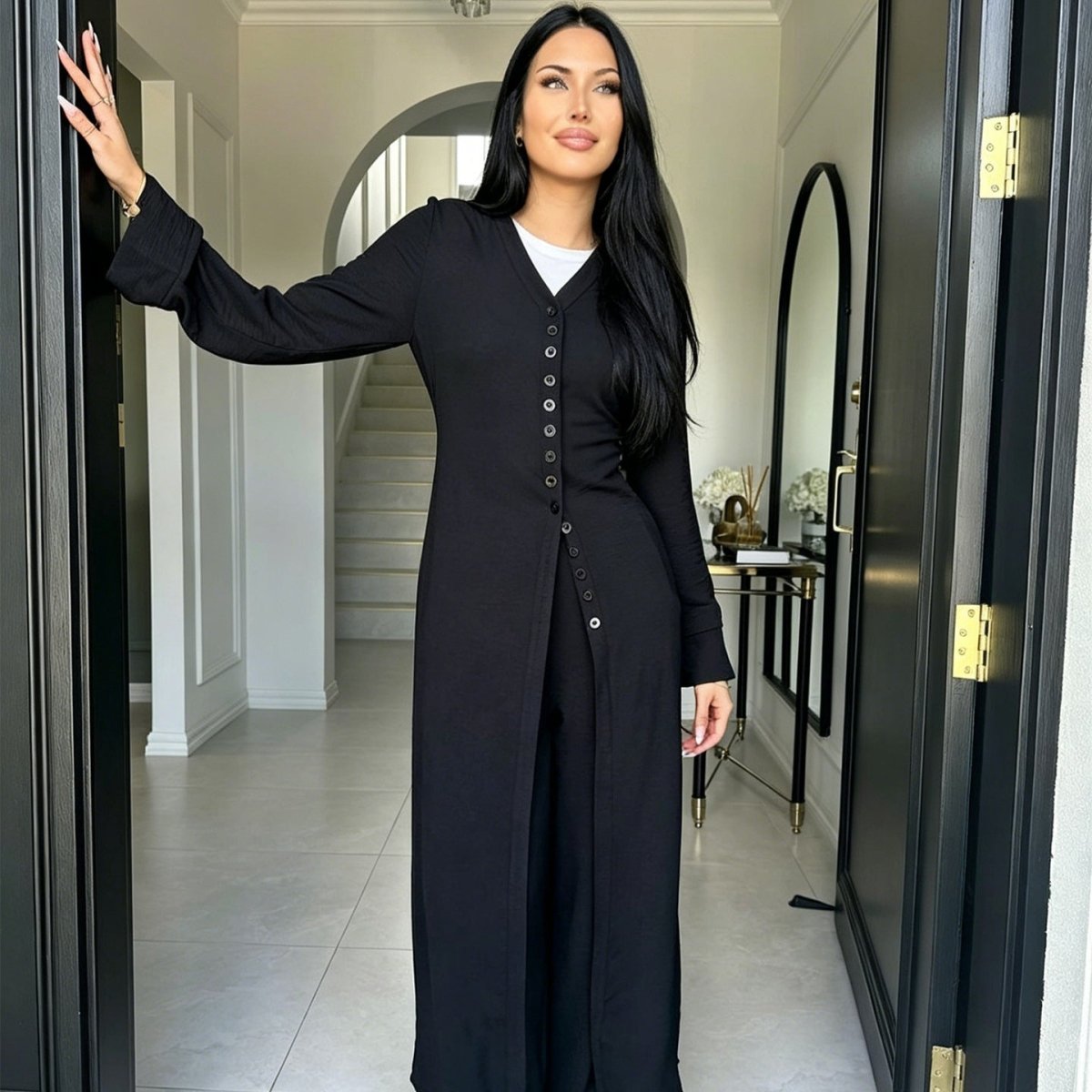V-Neck Button-Through Longline Cardigan & Wide-Leg Trouser Set(MS470)