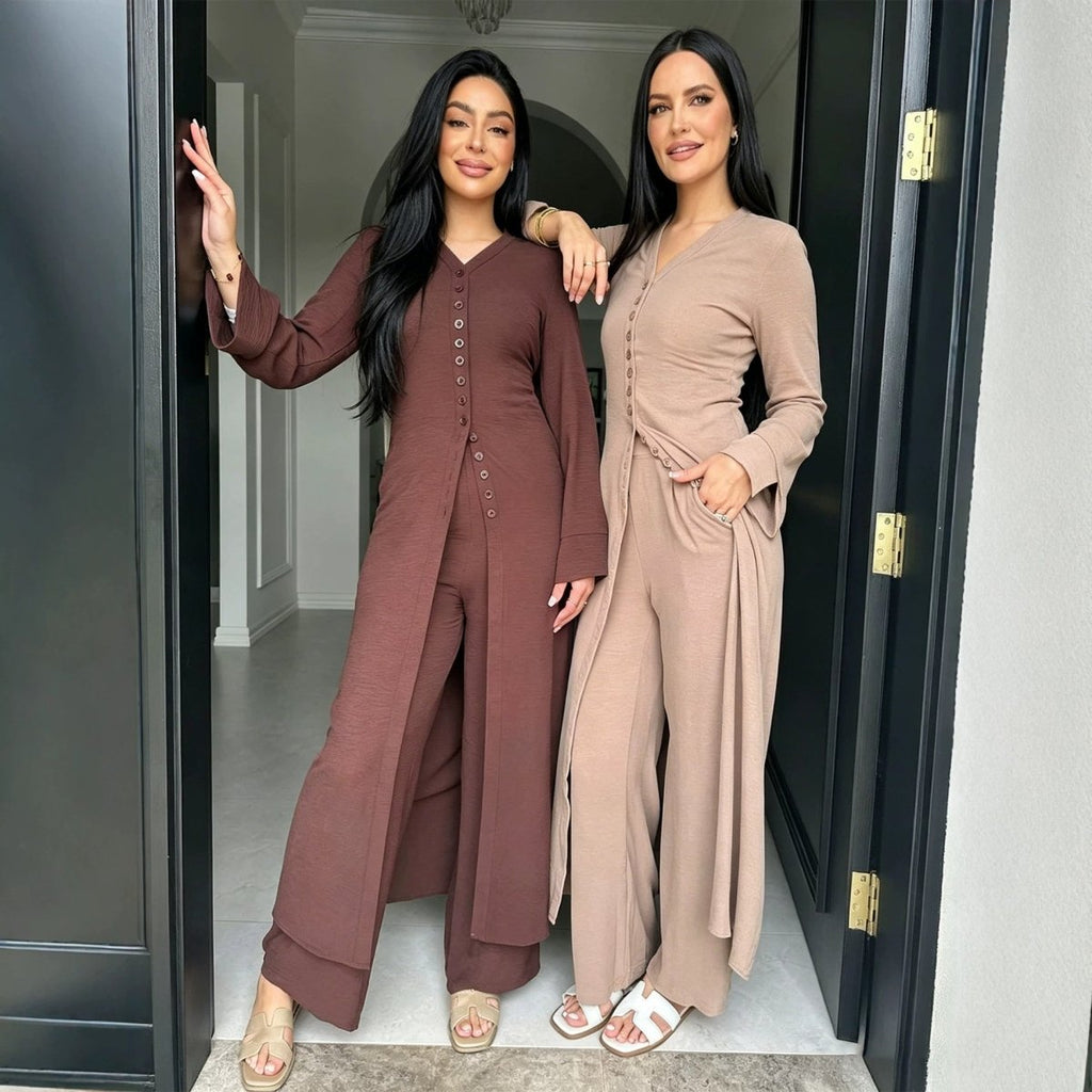 V-Neck Button-Through Longline Cardigan & Wide-Leg Trouser Set(MS470)