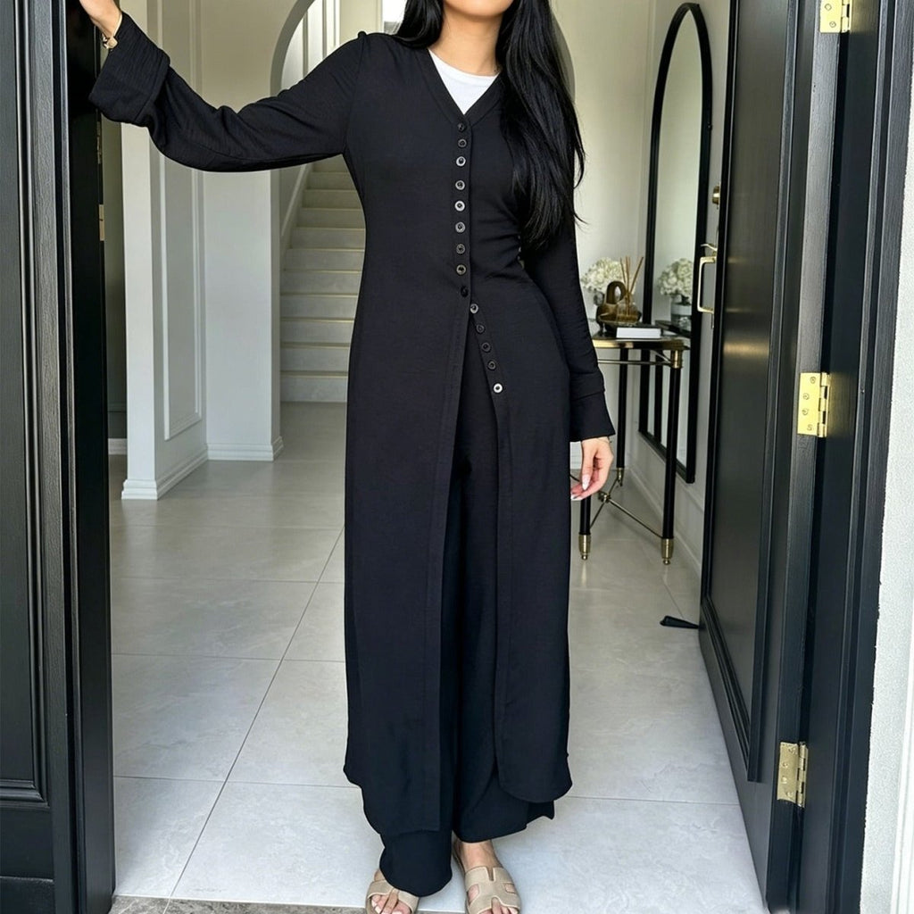 V-Neck Button-Through Longline Cardigan & Wide-Leg Trouser Set(MS470)