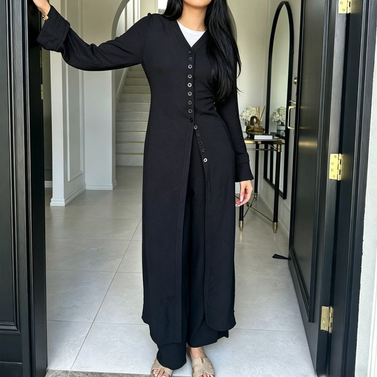 V-Neck Button-Through Longline Cardigan & Wide-Leg Trouser Set(MS470)