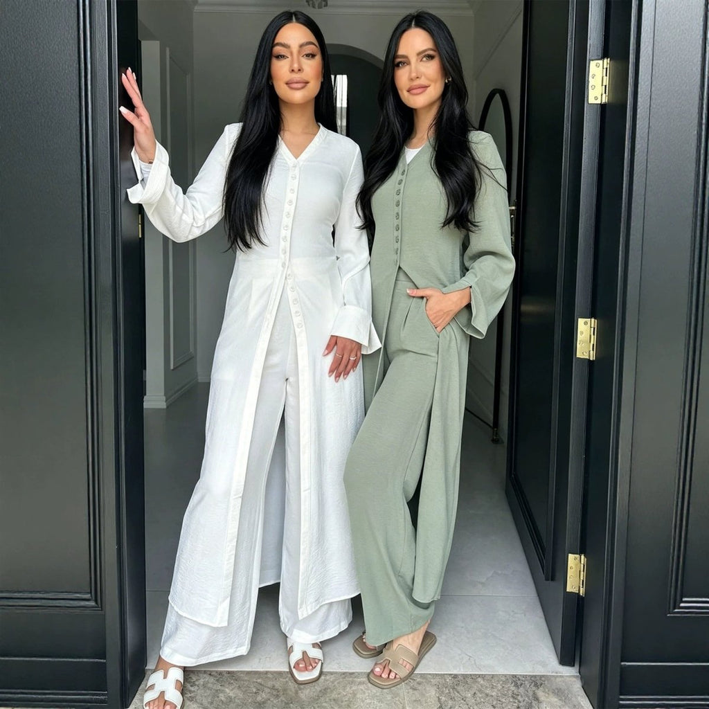 V-Neck Button-Through Longline Cardigan & Wide-Leg Trouser Set(MS470)