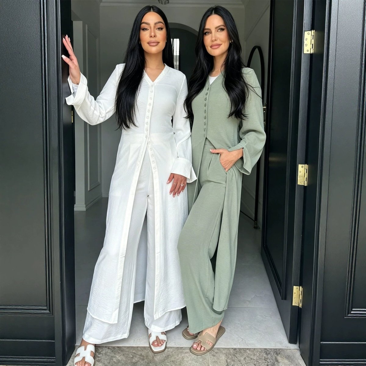 V-Neck Button-Through Longline Cardigan & Wide-Leg Trouser Set(MS470)